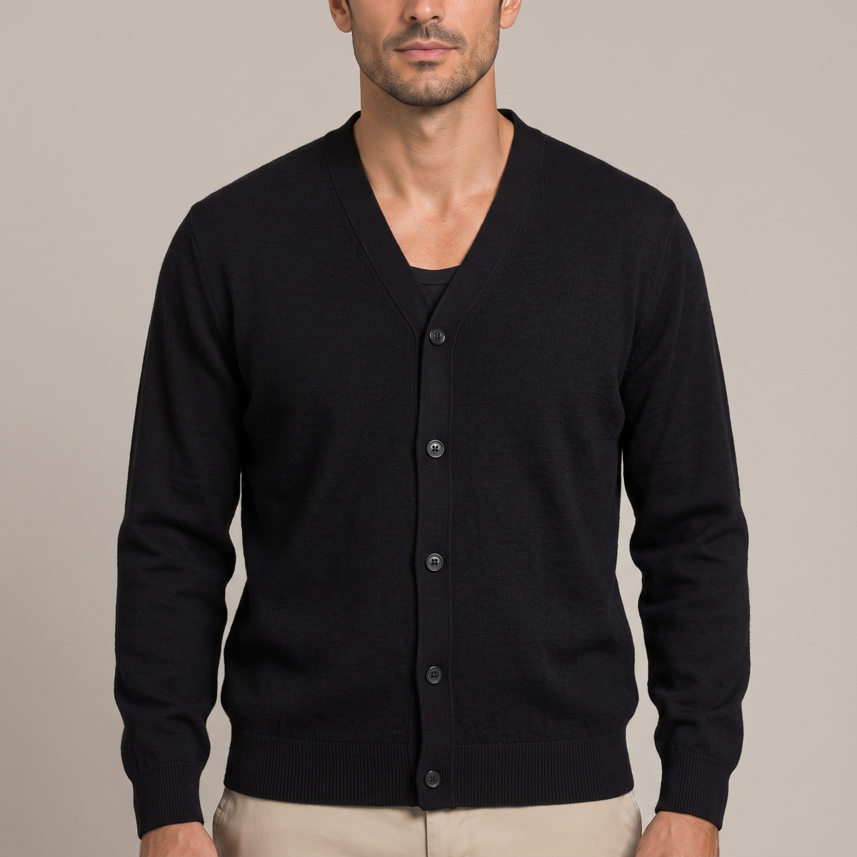 Close-up of the V-neck and button placket, in black