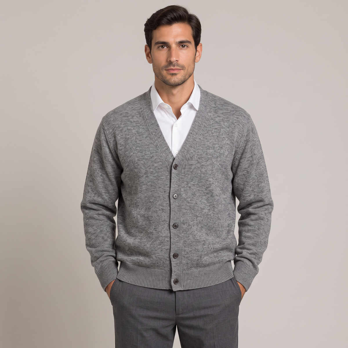 Men's fine-knit V-neck cardigan in grey