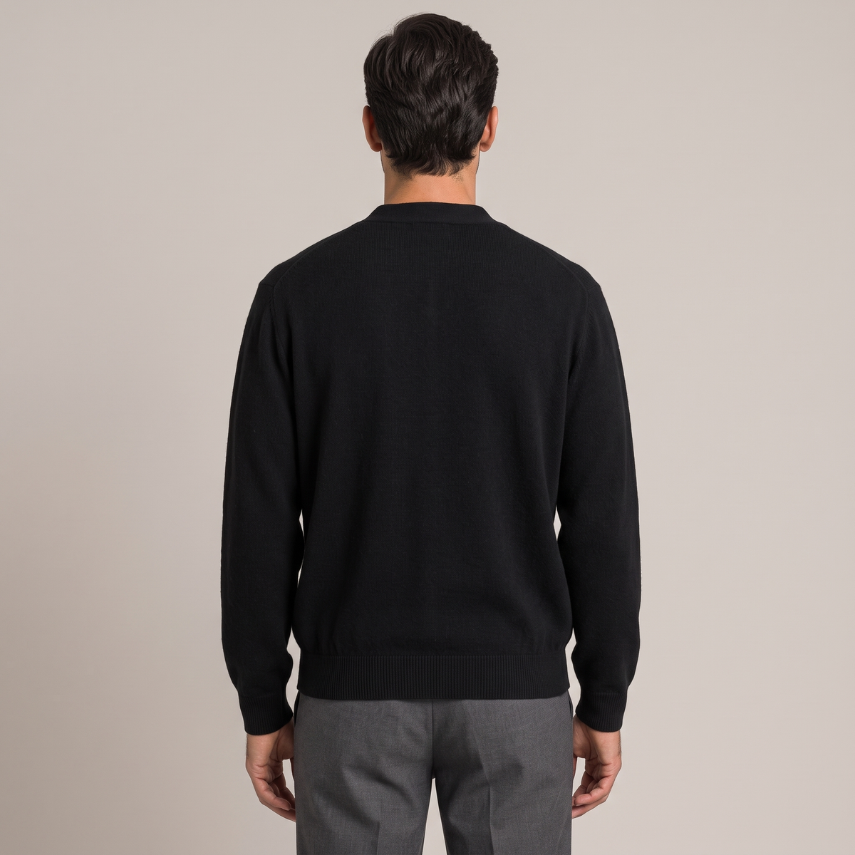 Back view of the fine-knit cardigan in black
