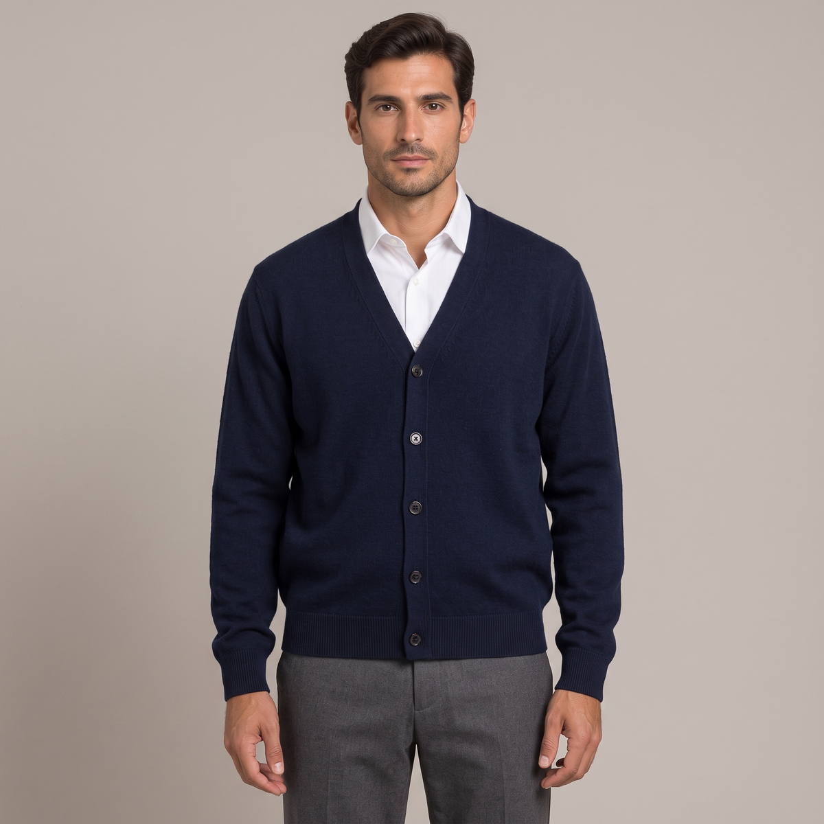 Men's fine-knit V-neck cardigan in navy