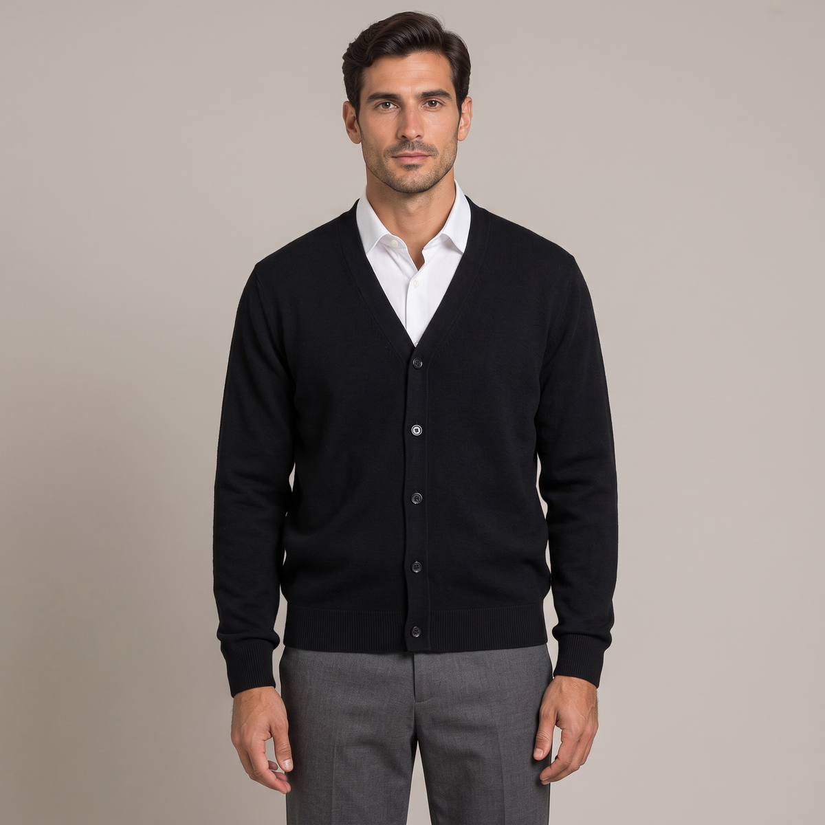 Men's fine-knit V-neck cardigan in black