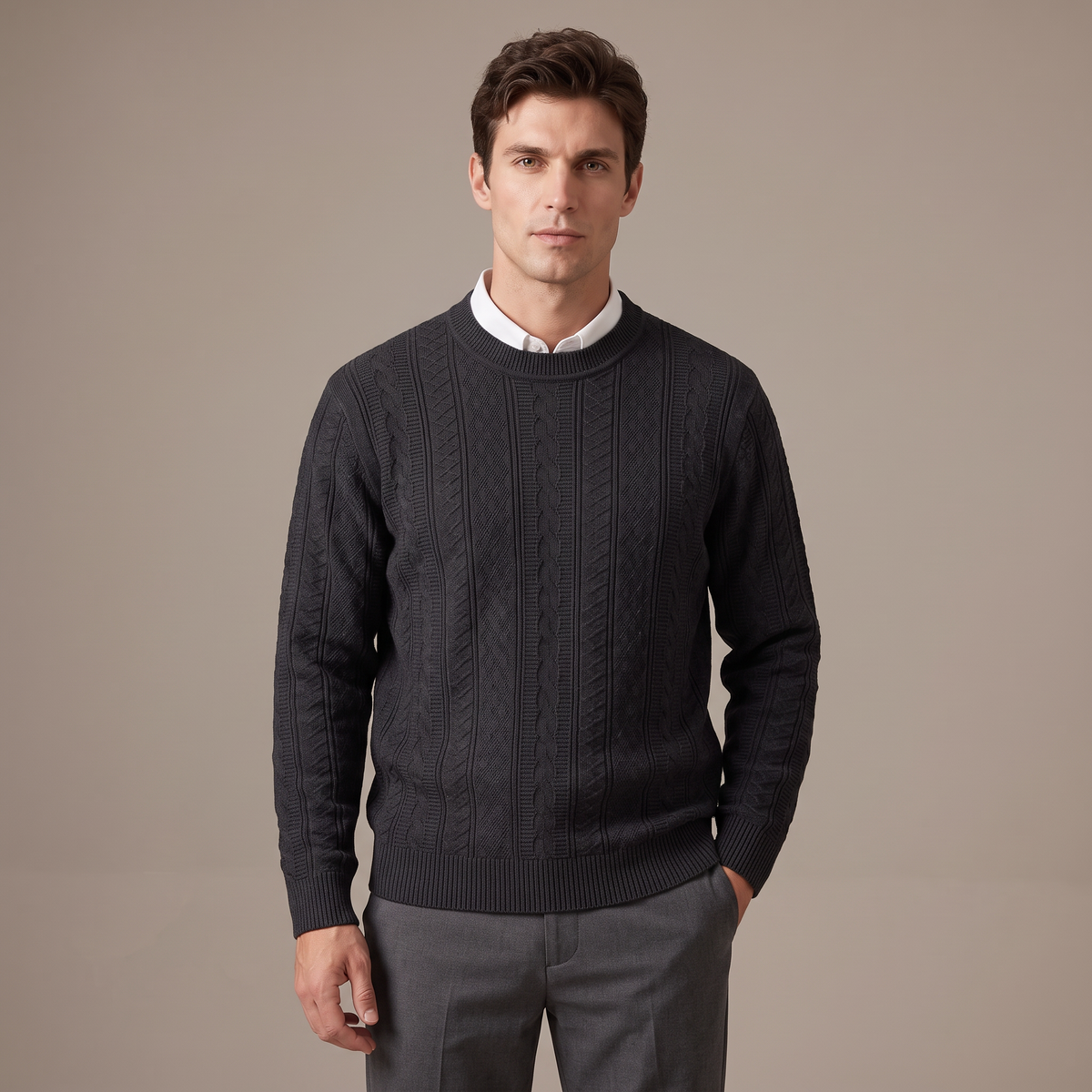 Men's cotton cable knit crew neck jumper in charcoal