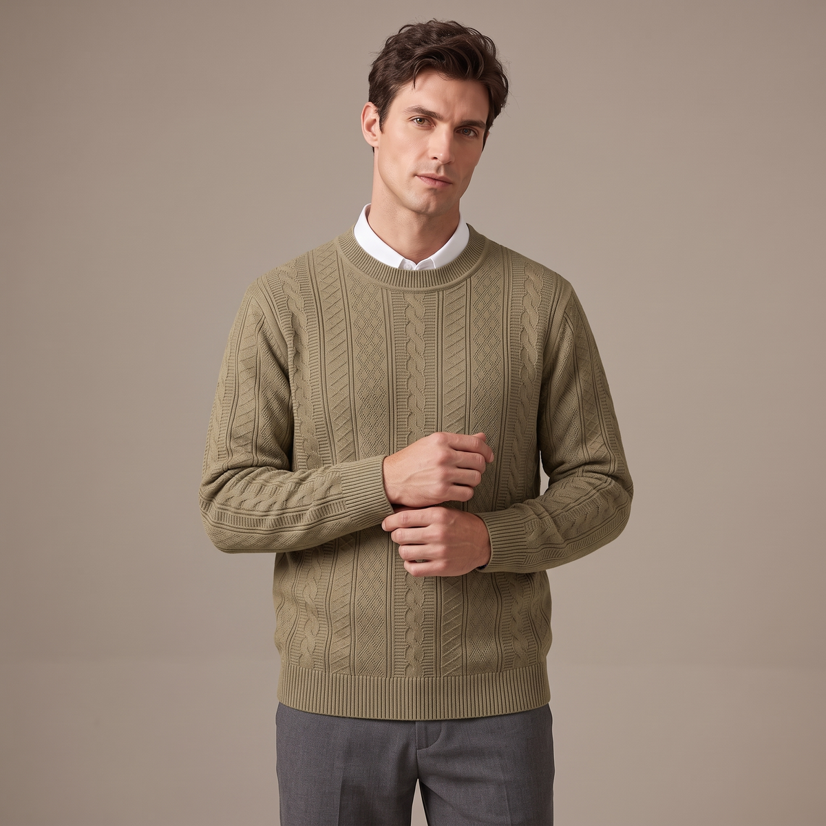 Men's cotton cable knit crew neck jumper in khaki