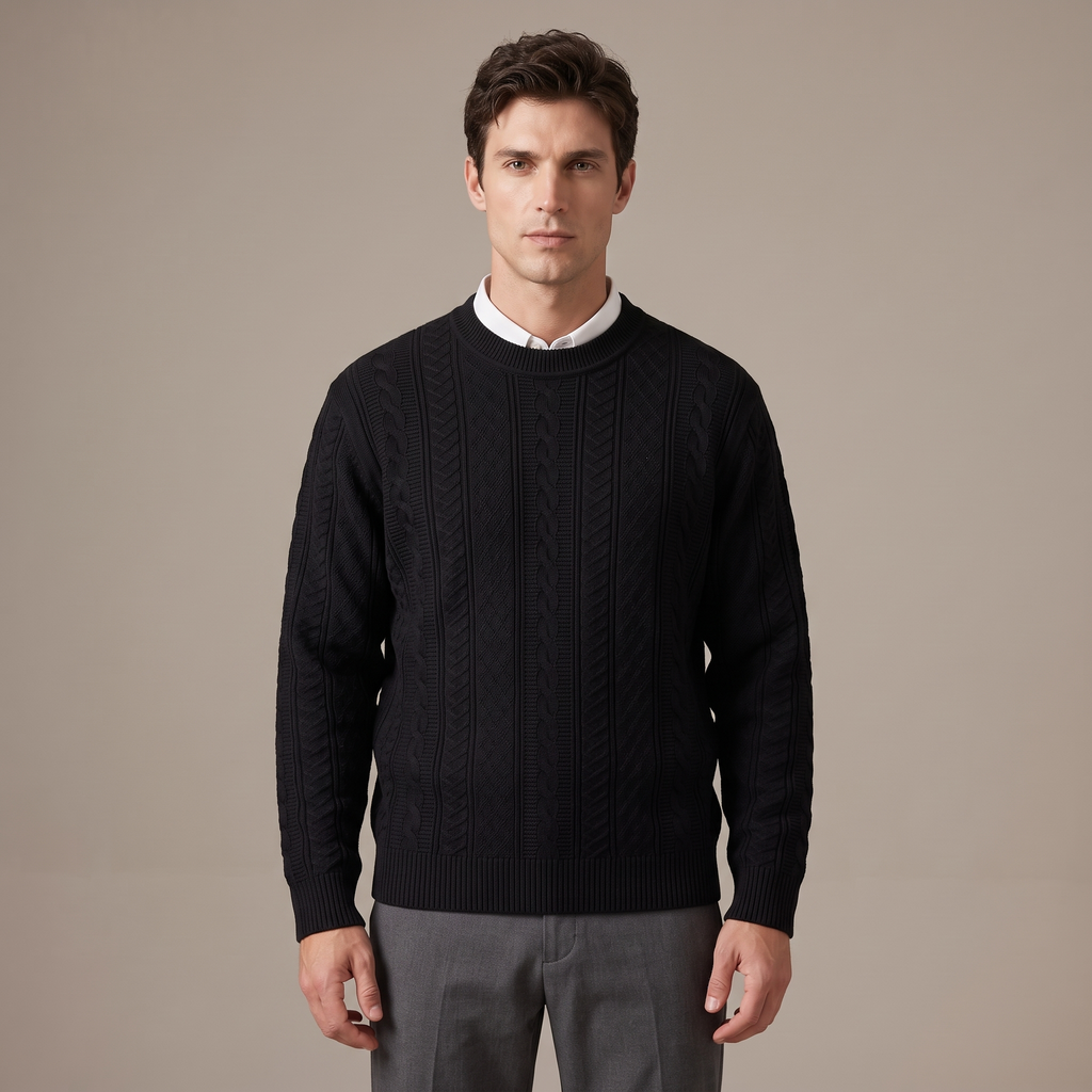 Men's cotton cable knit crew neck jumper in black