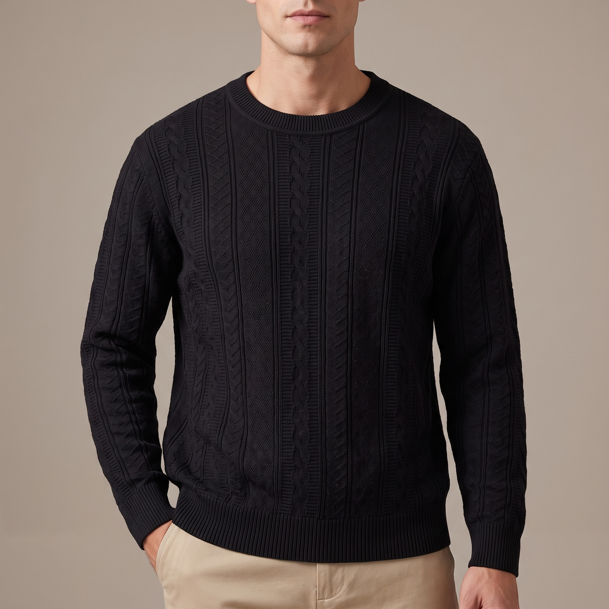Close-up of the ribbed crew neck and raised cable knit, in black