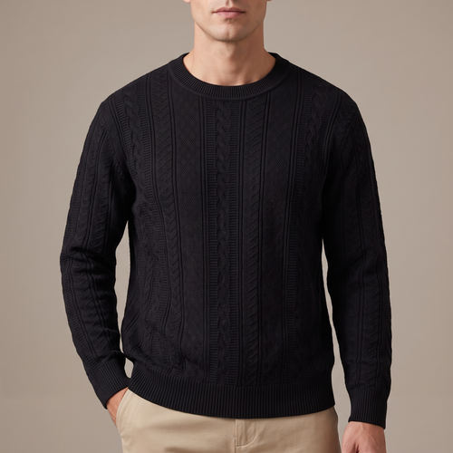 Close-up of the ribbed crew neck and raised cable knit, in black