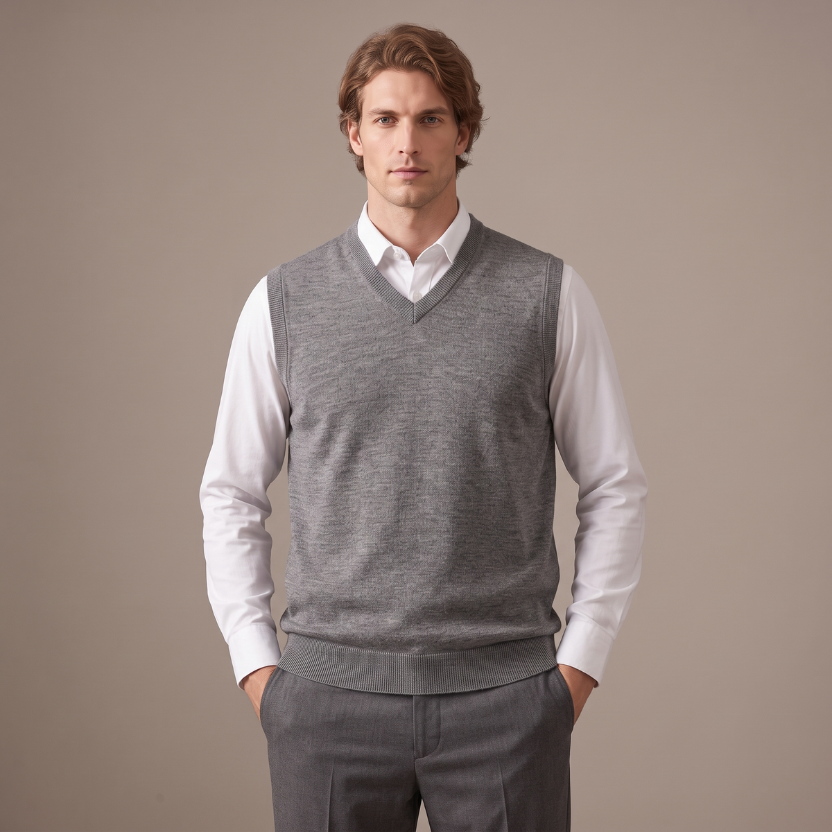 Men's merino wool V-neck knitted vest in grey