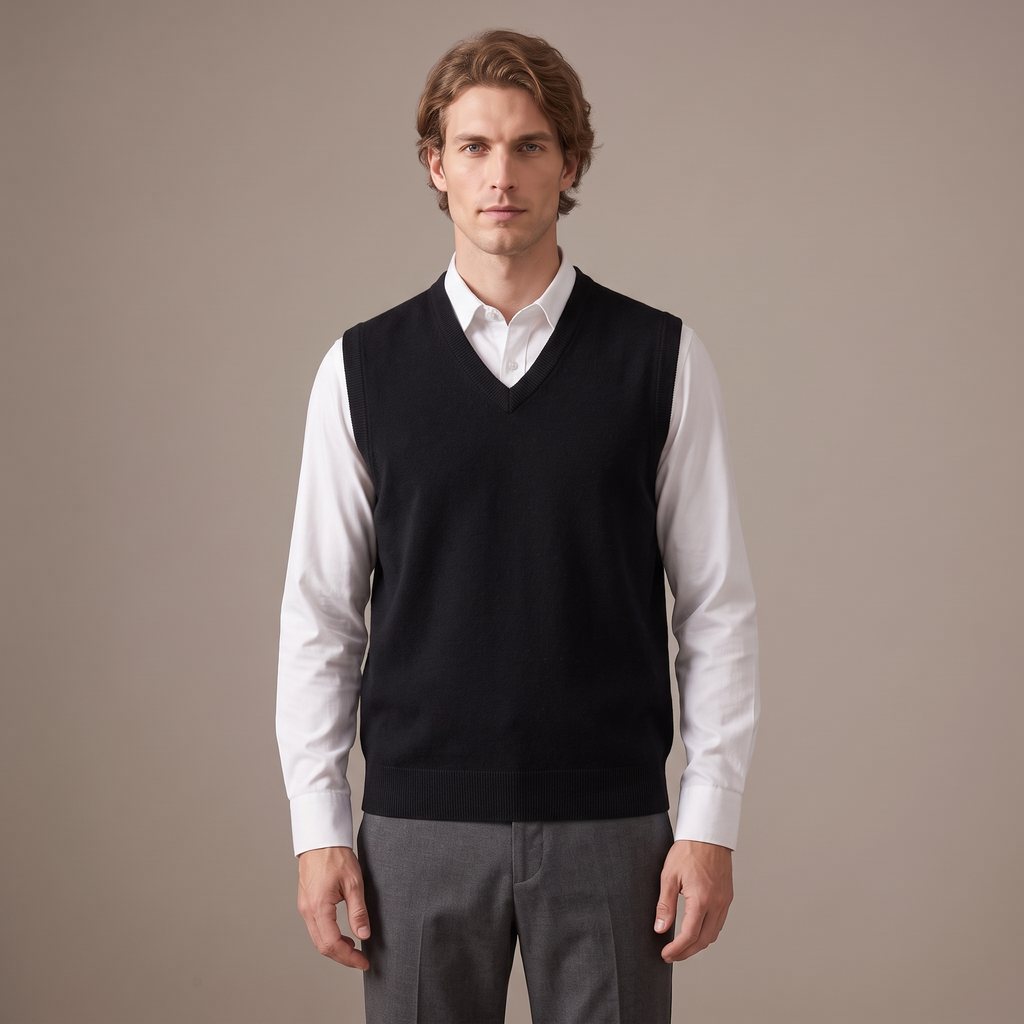 Men's merino wool V-neck knitted vest in black