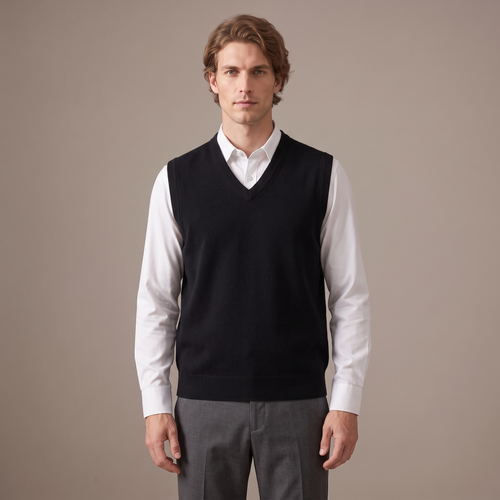 Men's merino wool V-neck knitted vest in black