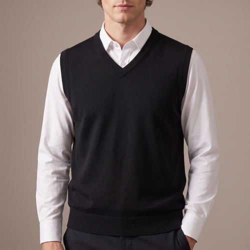 Close-up of the ribbed V neckline over a white shirt collar, in black