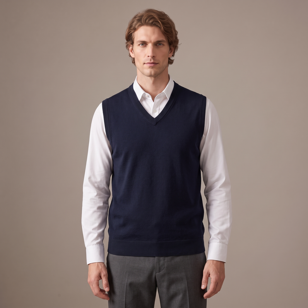 Men's merino wool V-neck knitted vest in navy