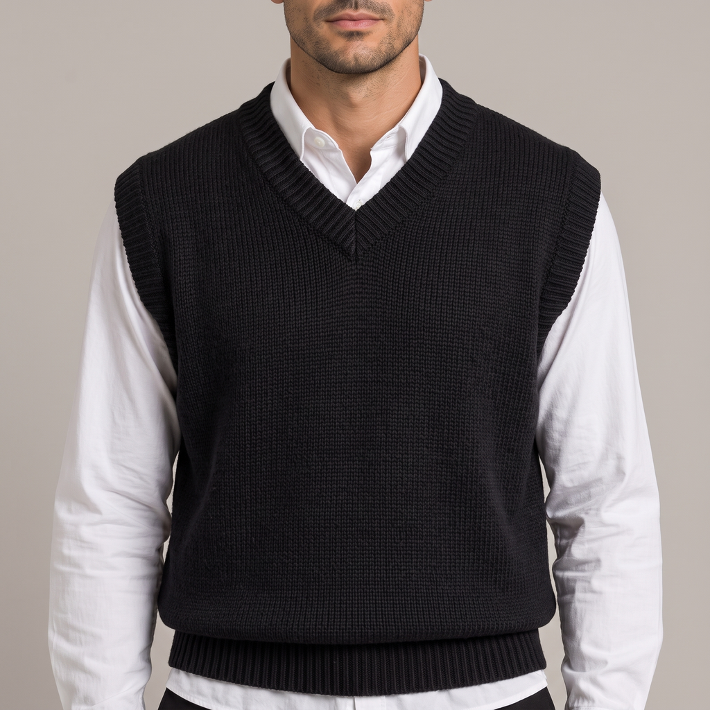 Close-up of the ribbed V neckline over a white shirt collar, in black