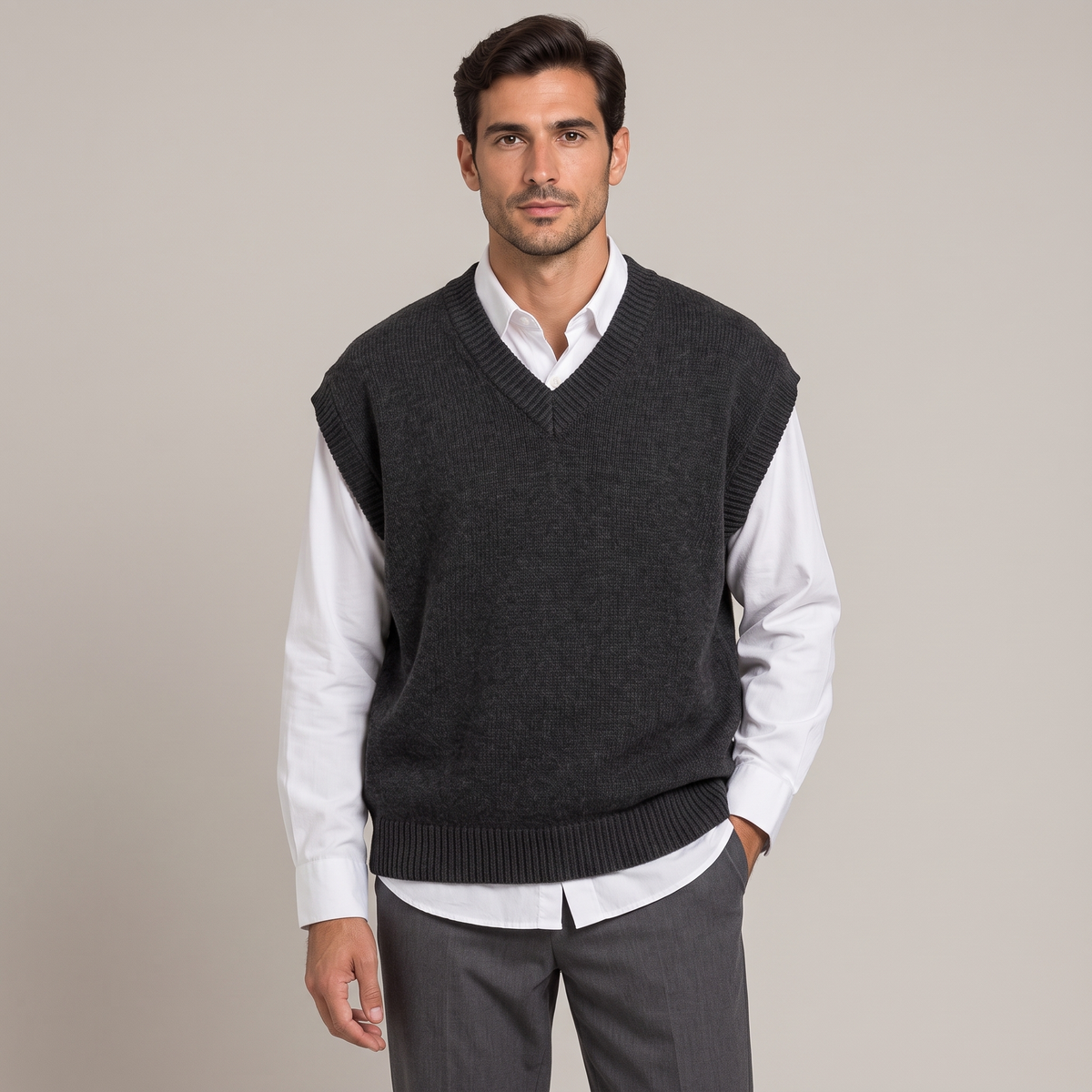 Men's relaxed V-neck knitted vest in charcoal