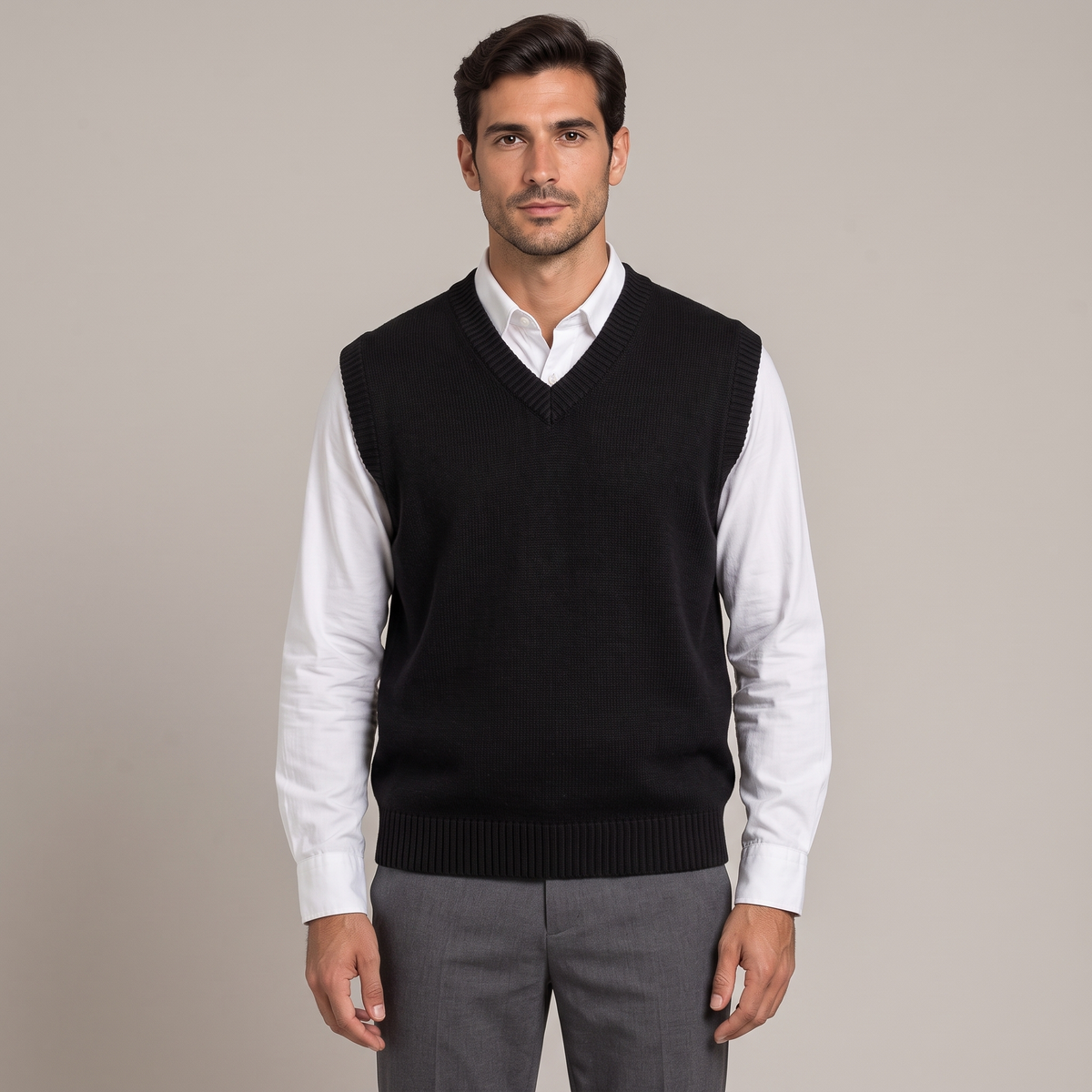 Men's relaxed V-neck knitted vest in black
