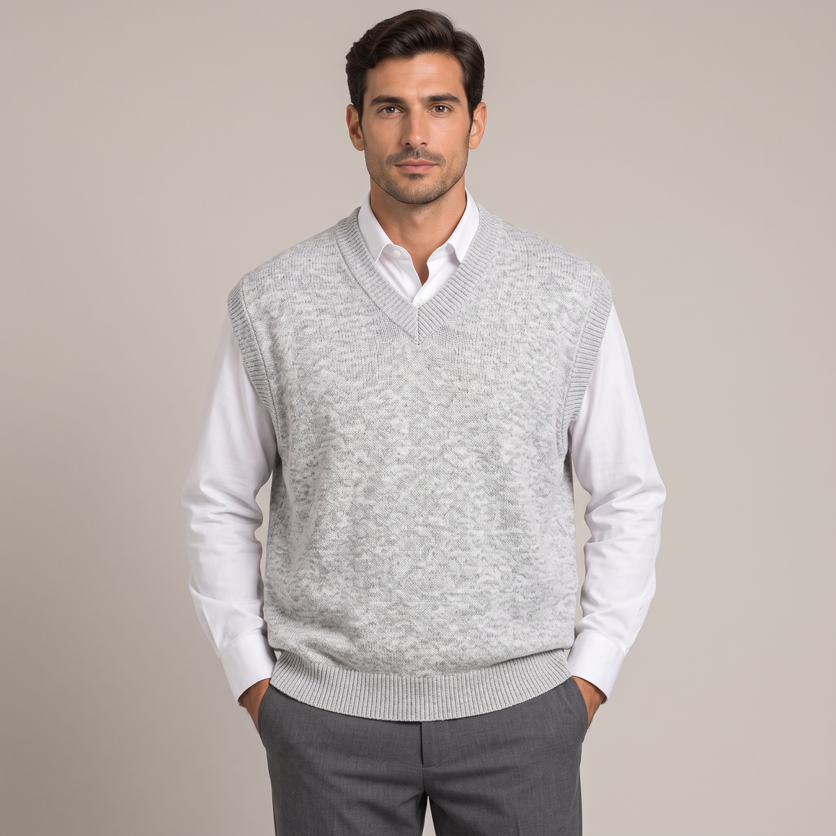 Men's relaxed V-neck knitted vest in light grey