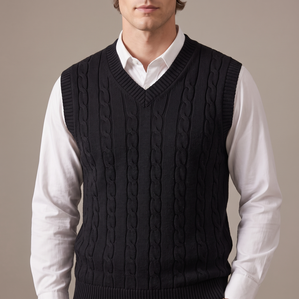 Close-up of the cable ropes and ribbed V neckline, in black