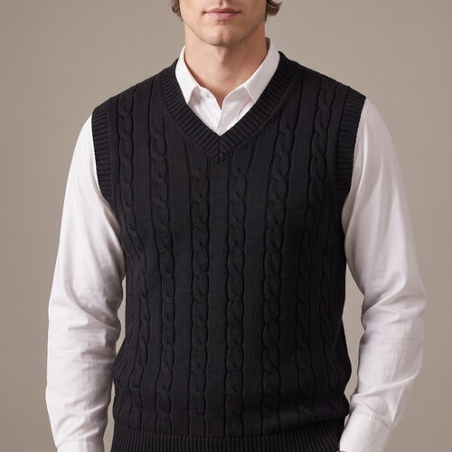 Close-up of the cable ropes and ribbed V neckline, in black