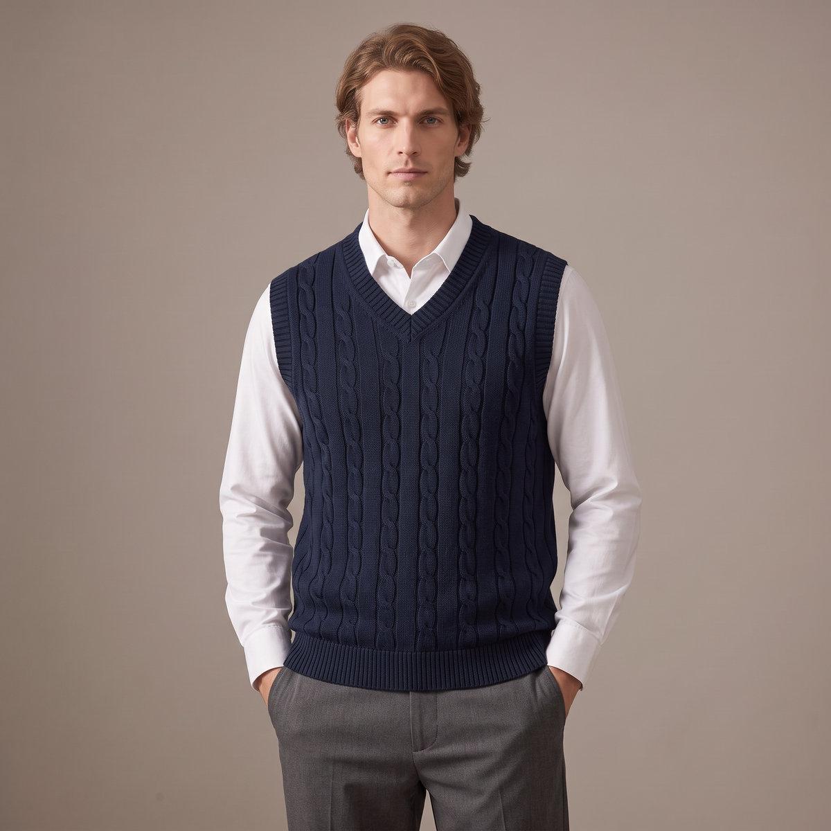 Men's cotton cable knit V-neck vest in navy