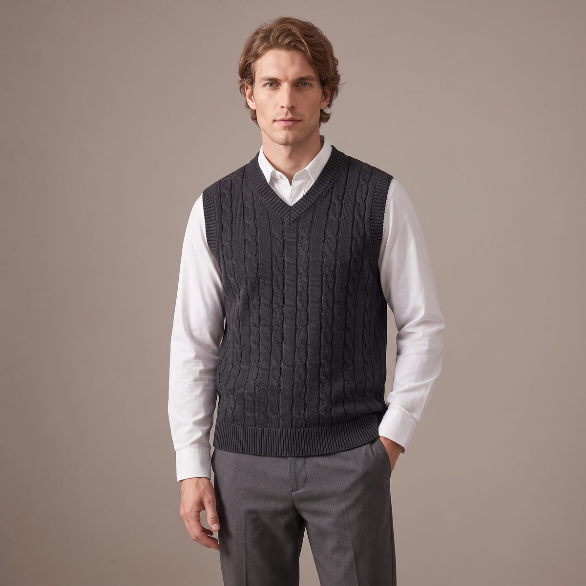 Men's cotton cable knit V-neck vest in charcoal