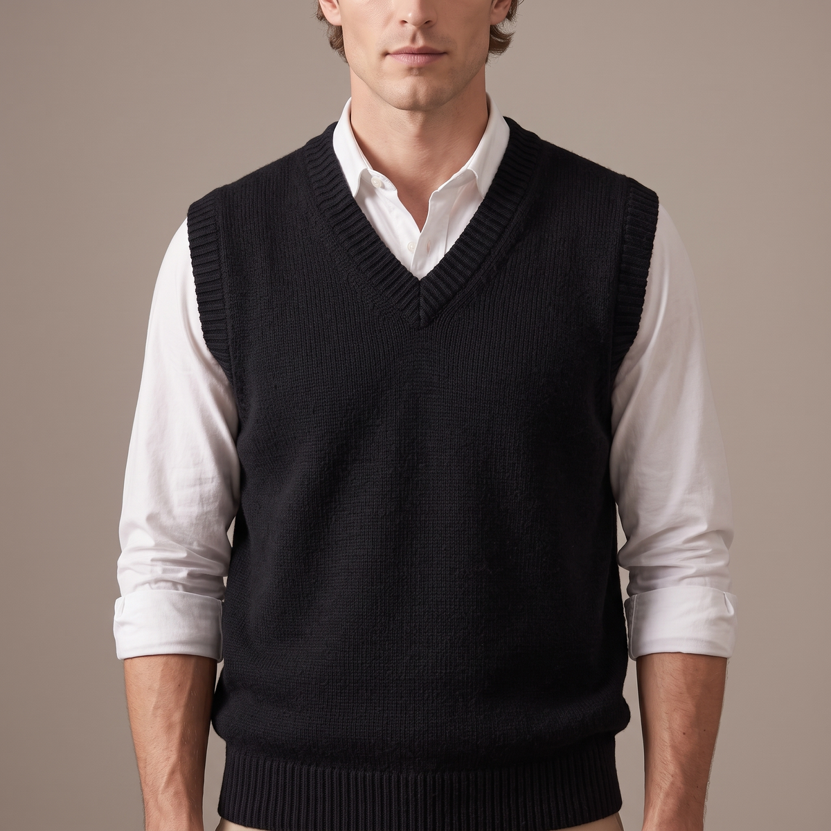 Close-up of the chunky ribbed V neckline over a white shirt collar, in black