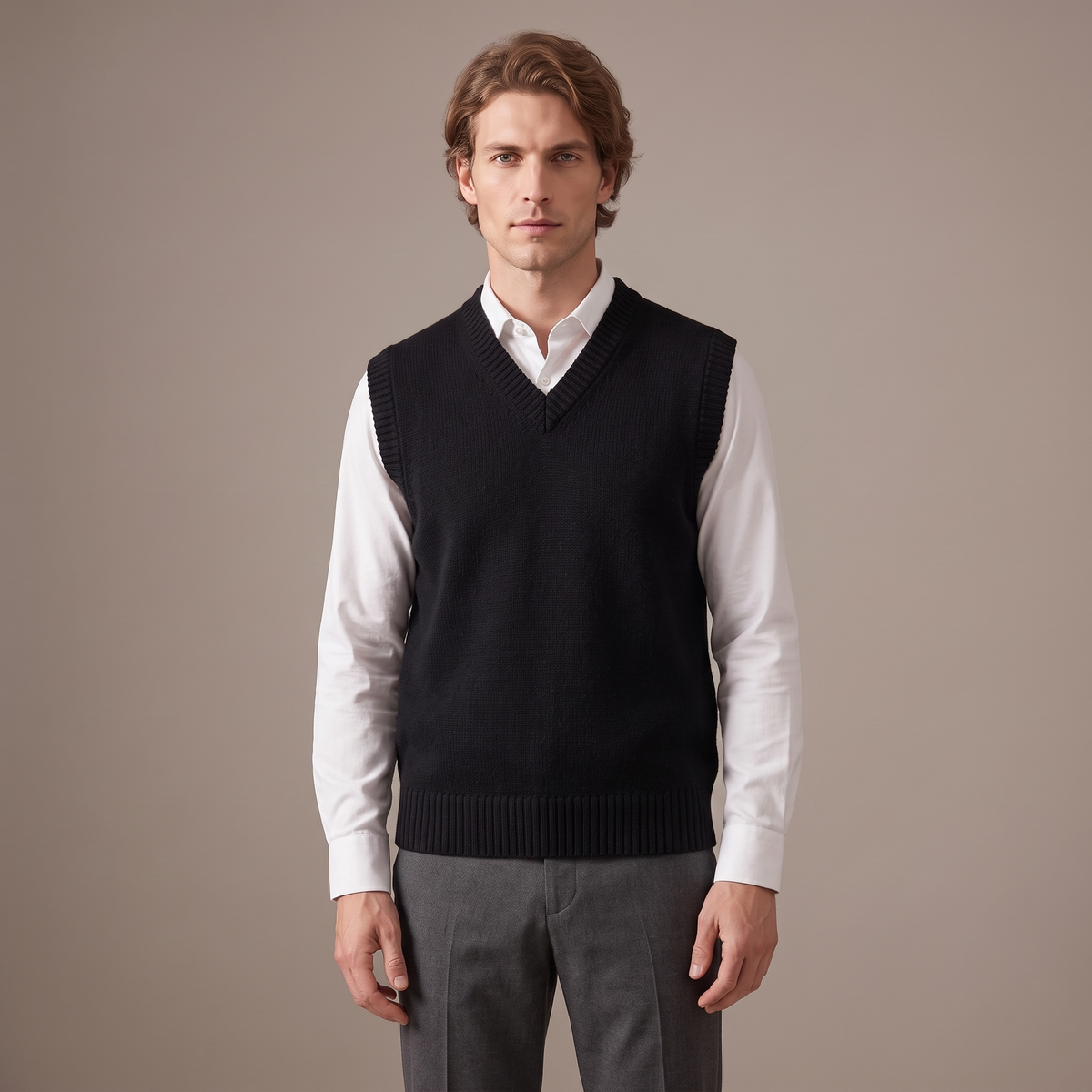 Men's thick wool V-neck knitted vest in black