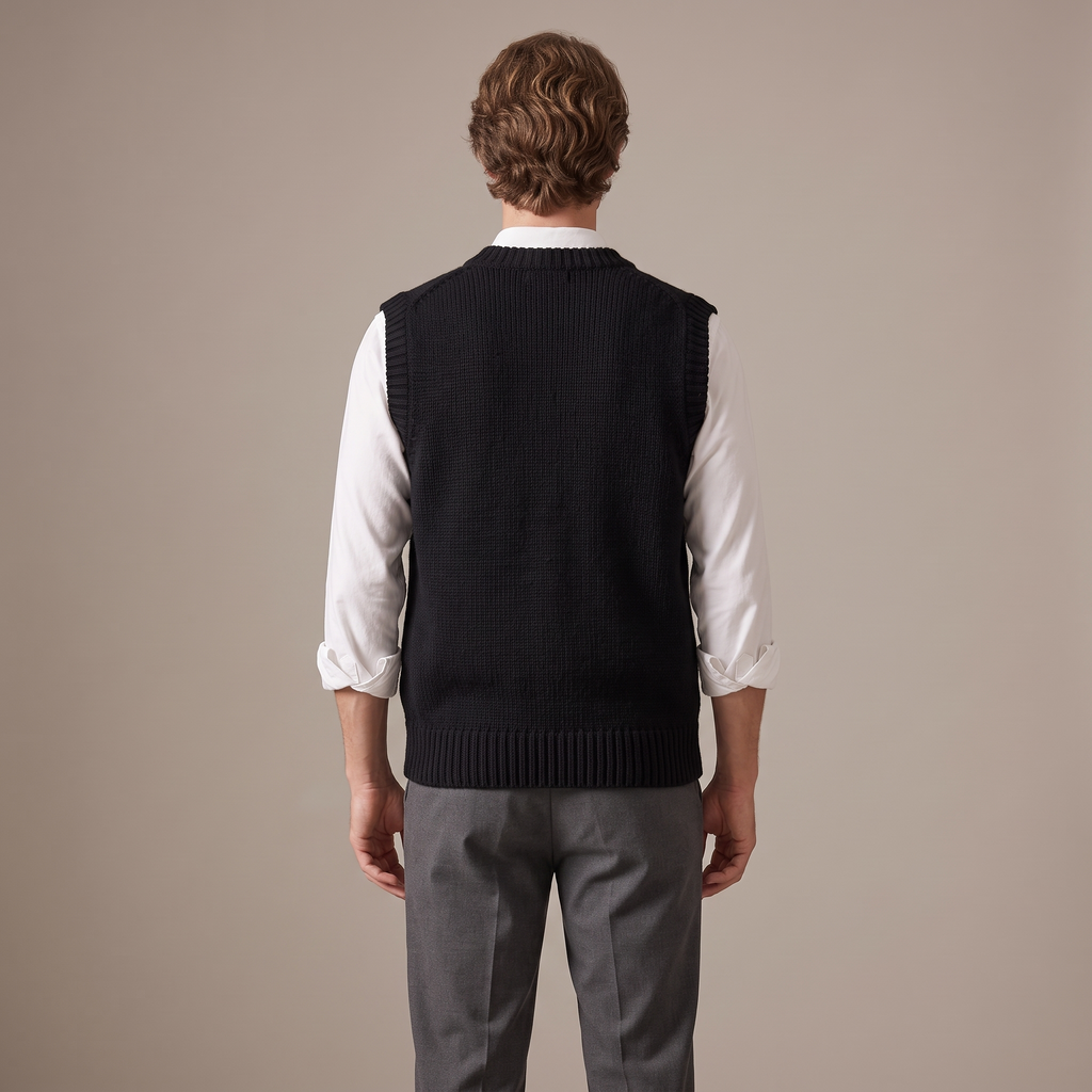 Back view of the thick wool knitted vest in black