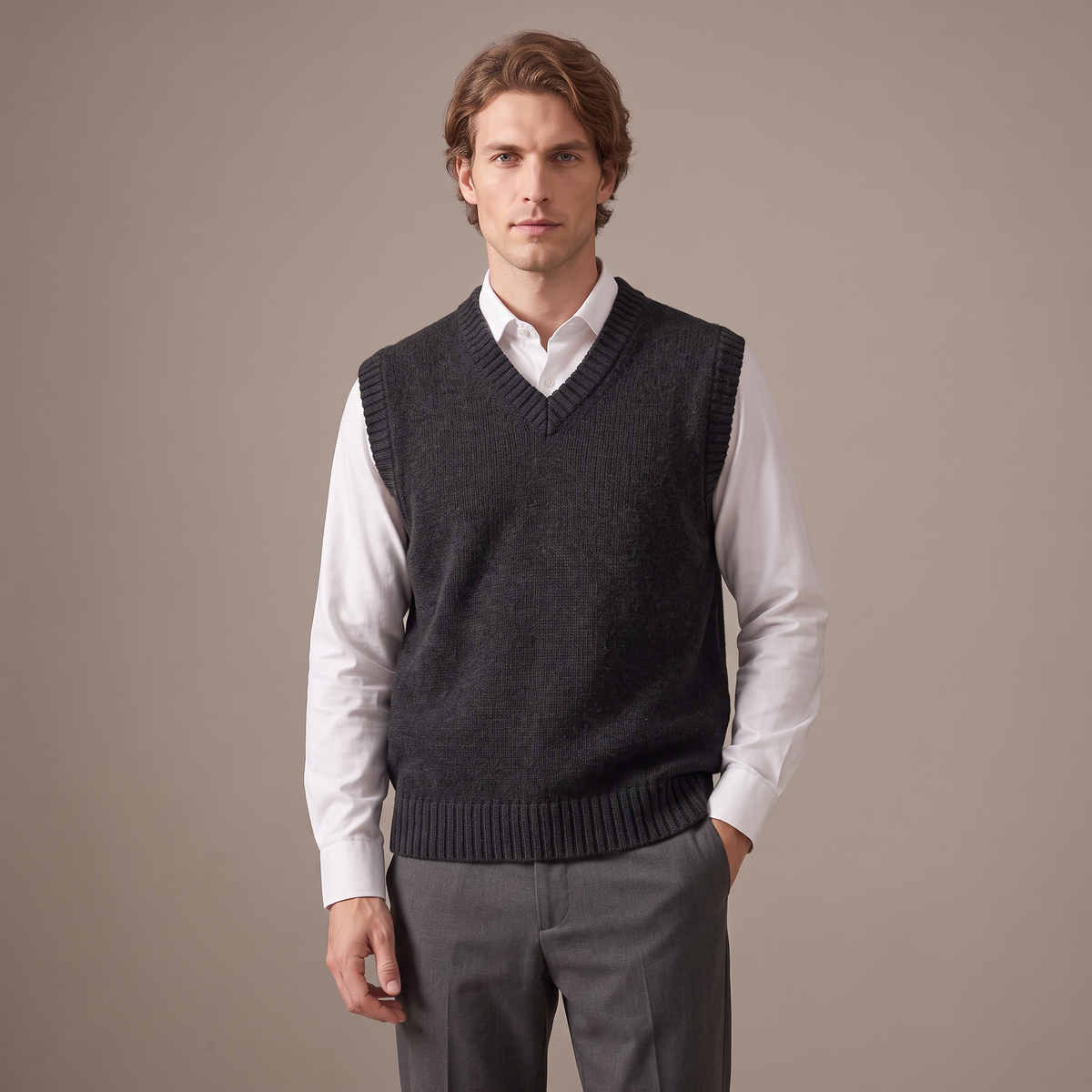 Men's thick wool V-neck knitted vest in charcoal