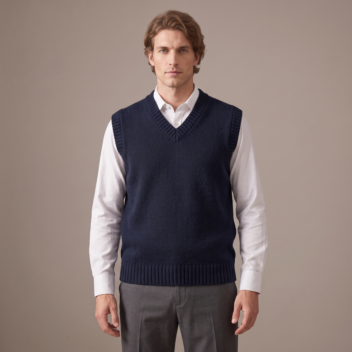 Men's thick wool V-neck knitted vest in navy