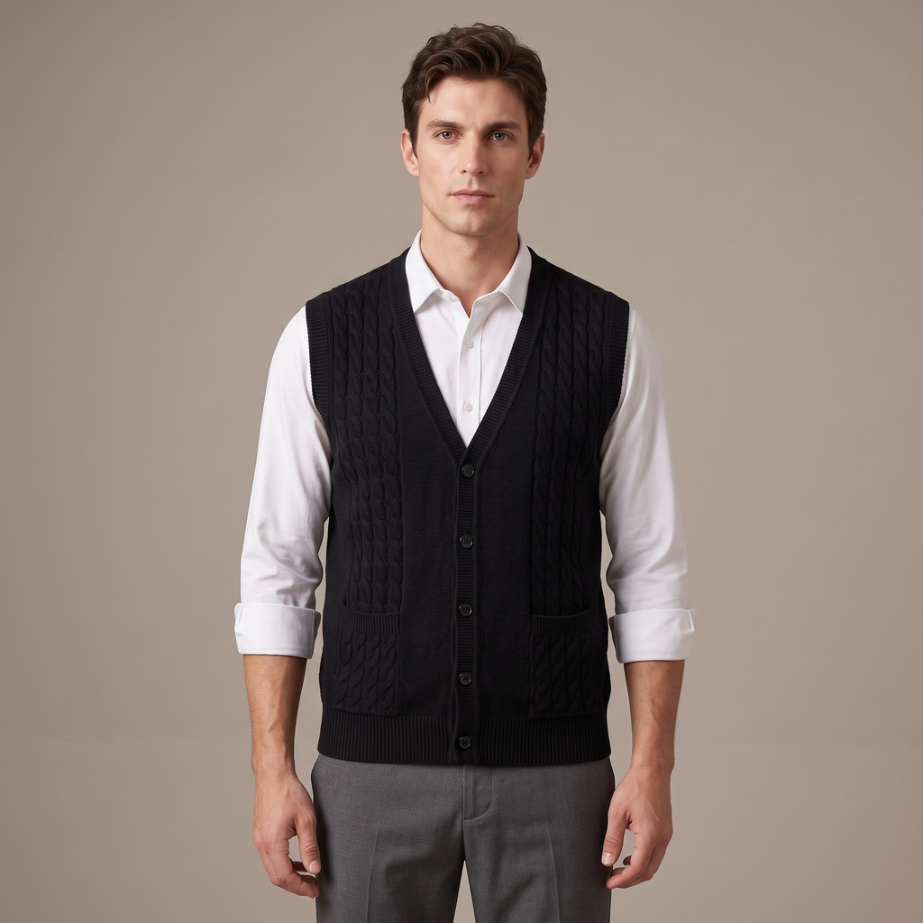 Men's warm knitted sleeveless vest in black