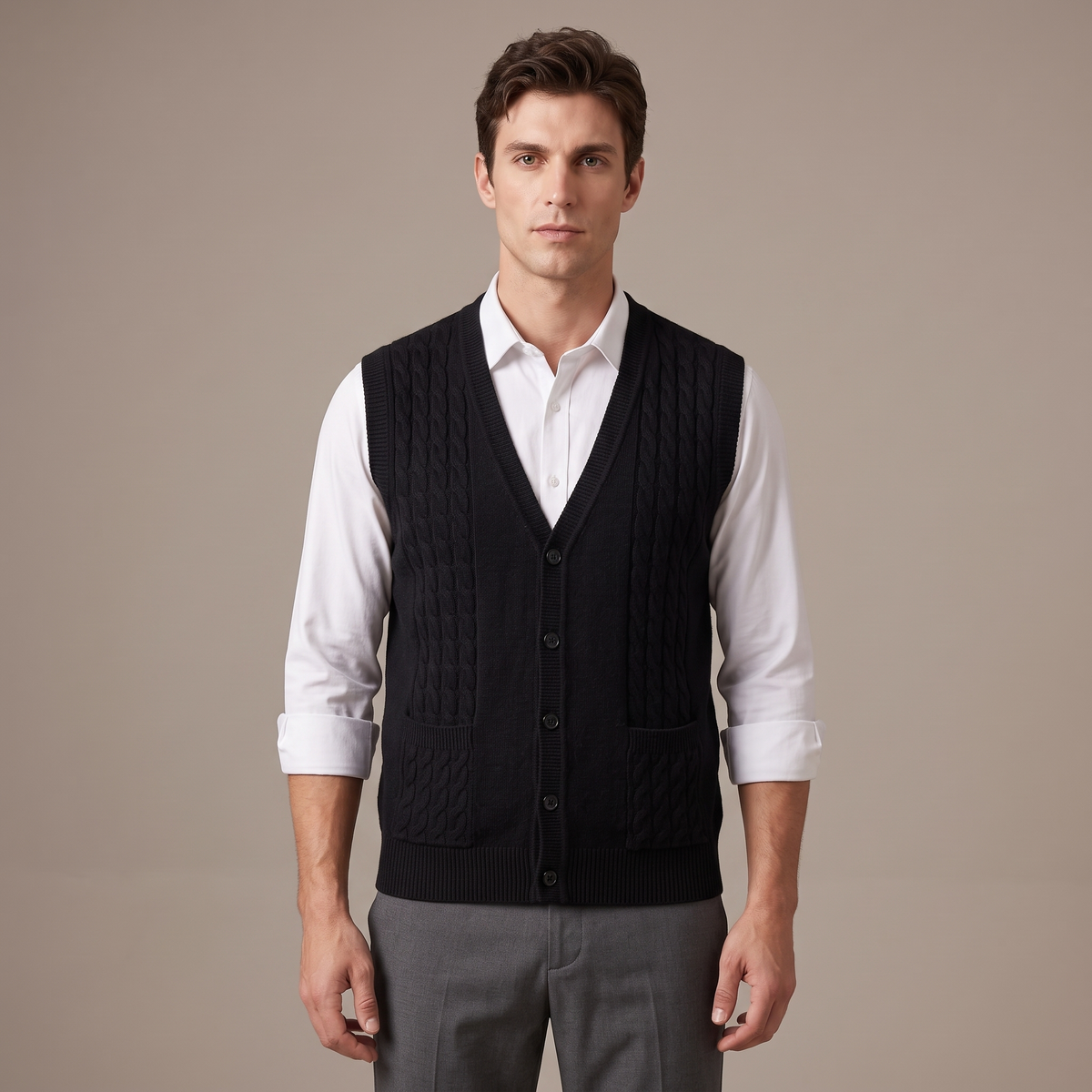 Men's warm knitted sleeveless vest in black