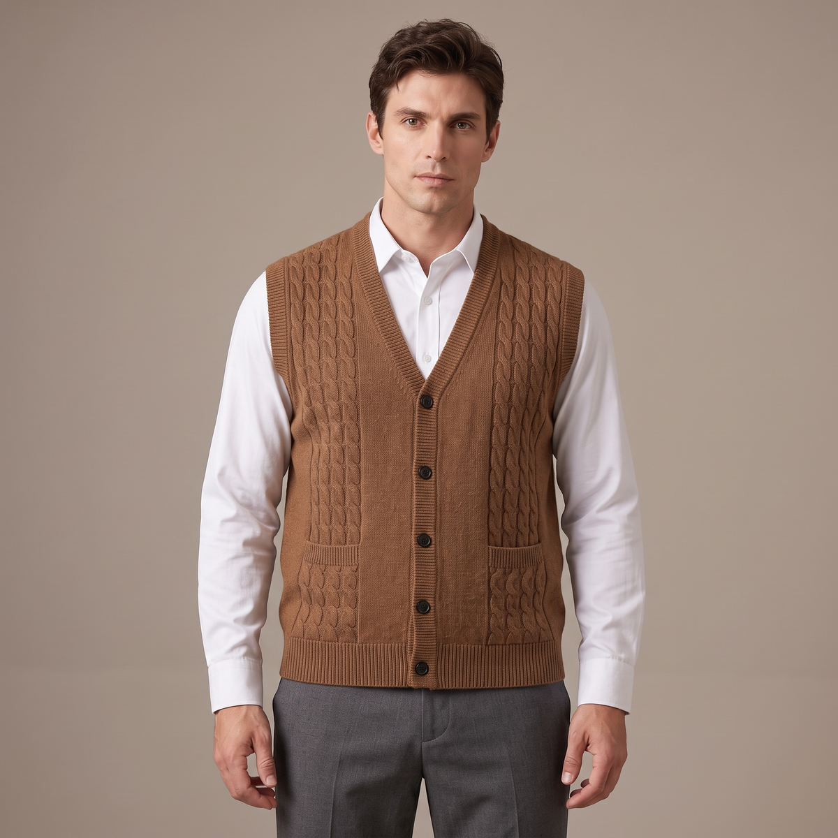 Men's warm knitted sleeveless vest in brown