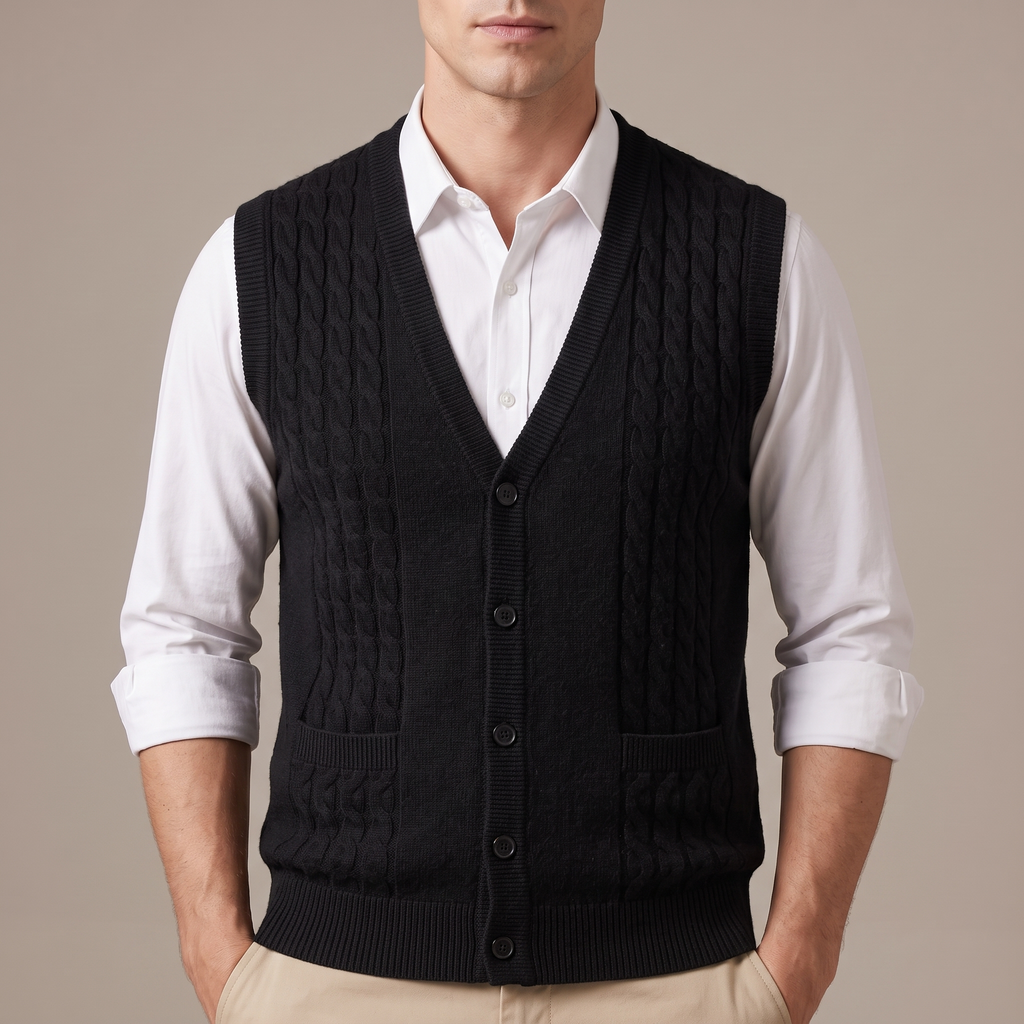 Close-up of the ribbed neckline and knit texture, in black
