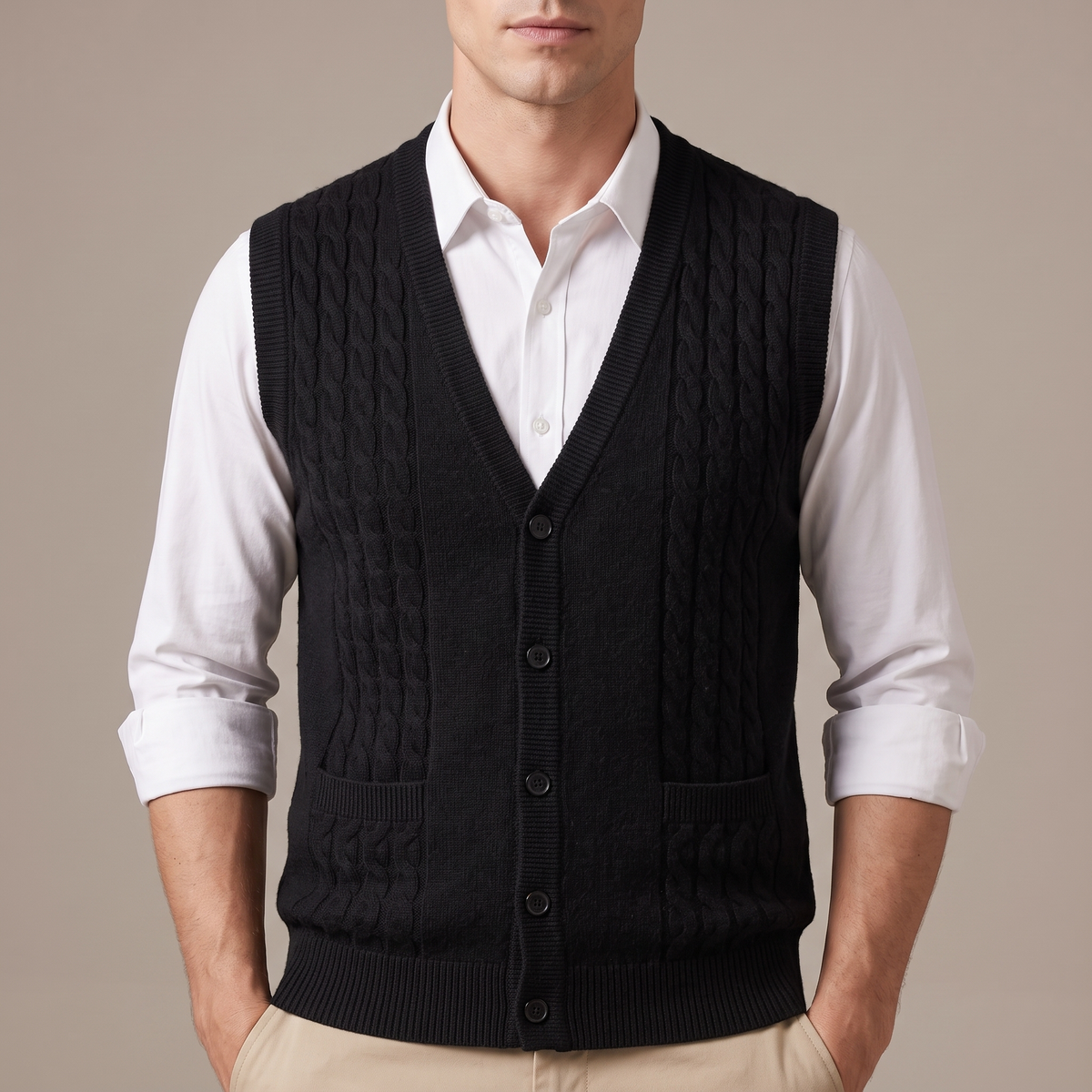 Close-up of the ribbed neckline and knit texture, in black