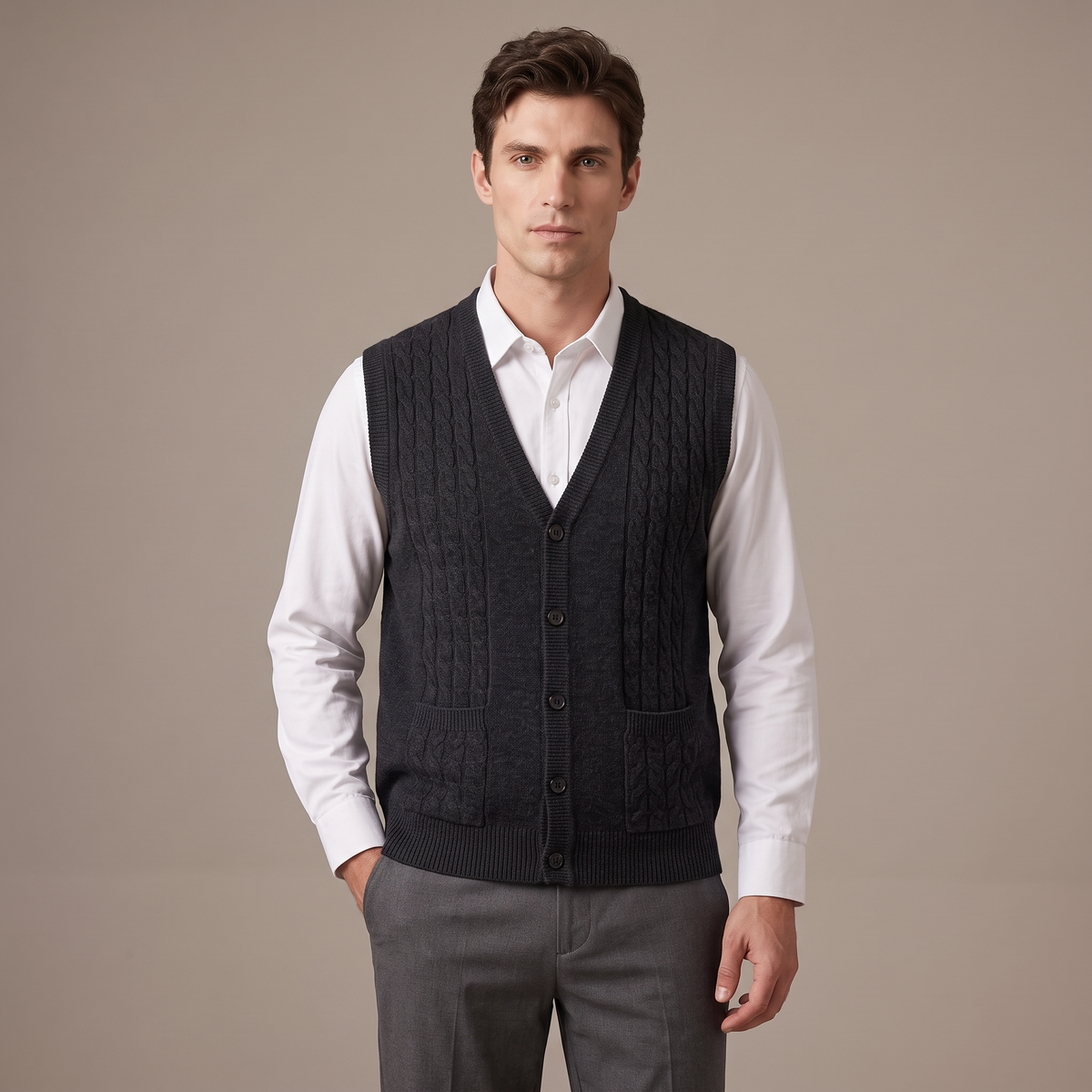 Men's warm knitted sleeveless vest in charcoal