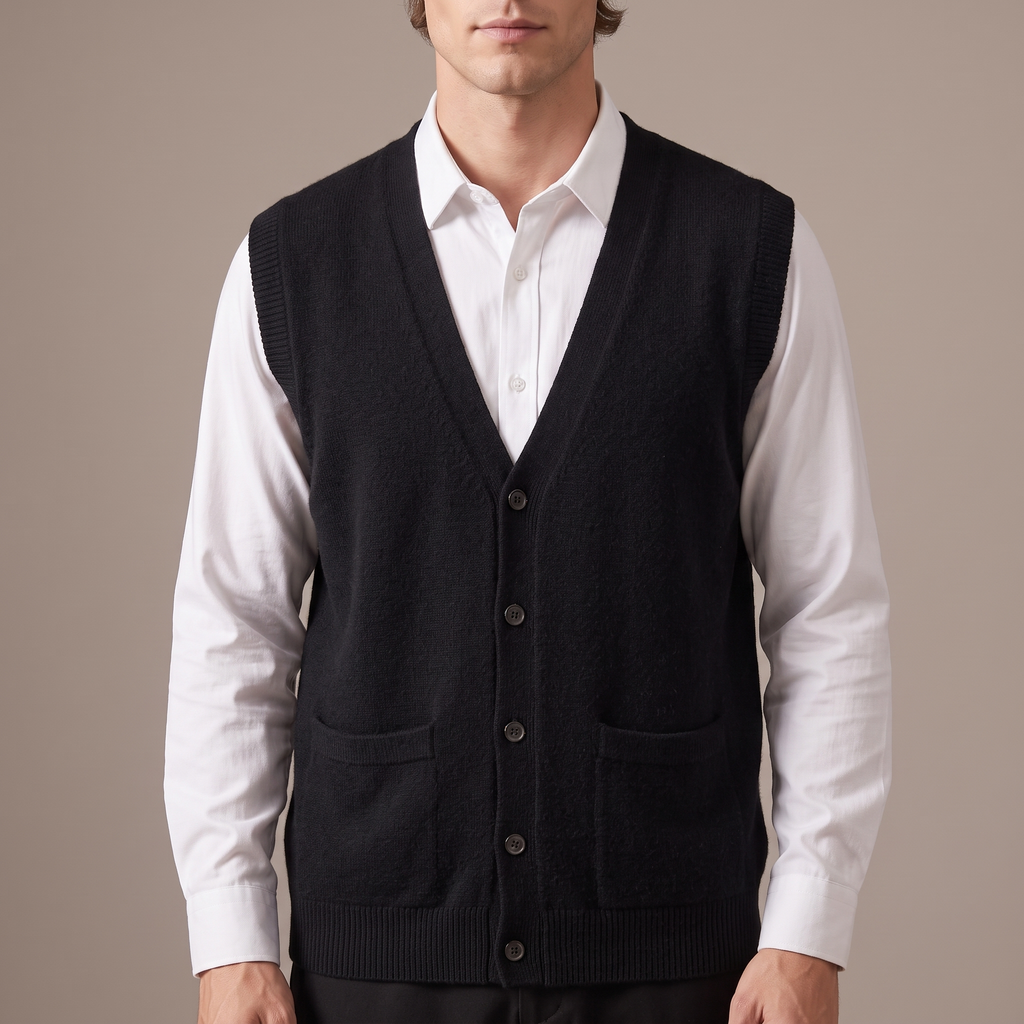 Close-up of the button placket and V neckline, in black