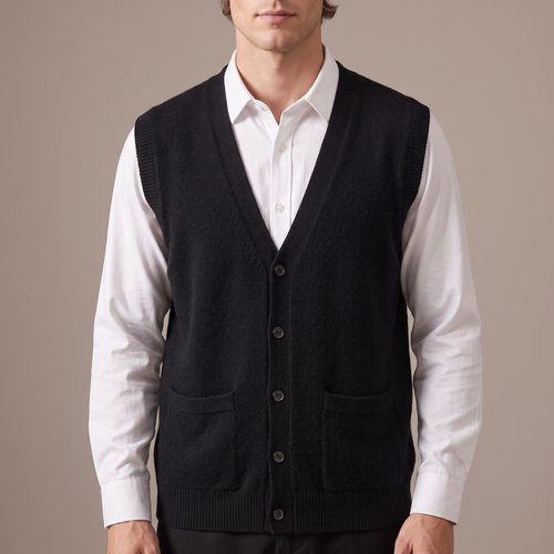 Close-up of the button placket and V neckline, in black