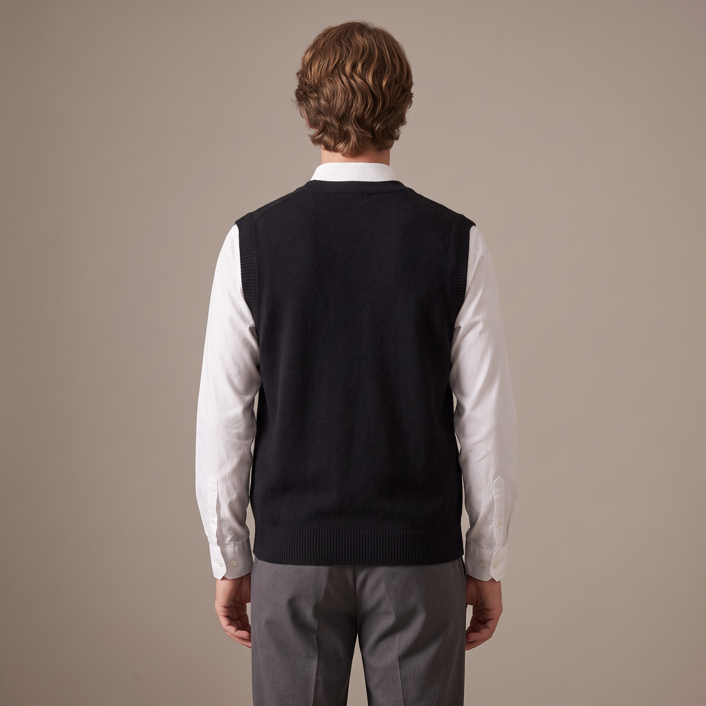 Back view of the wool knitted vest in black