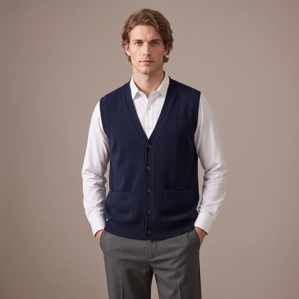 Men's button-front wool knitted vest in navy