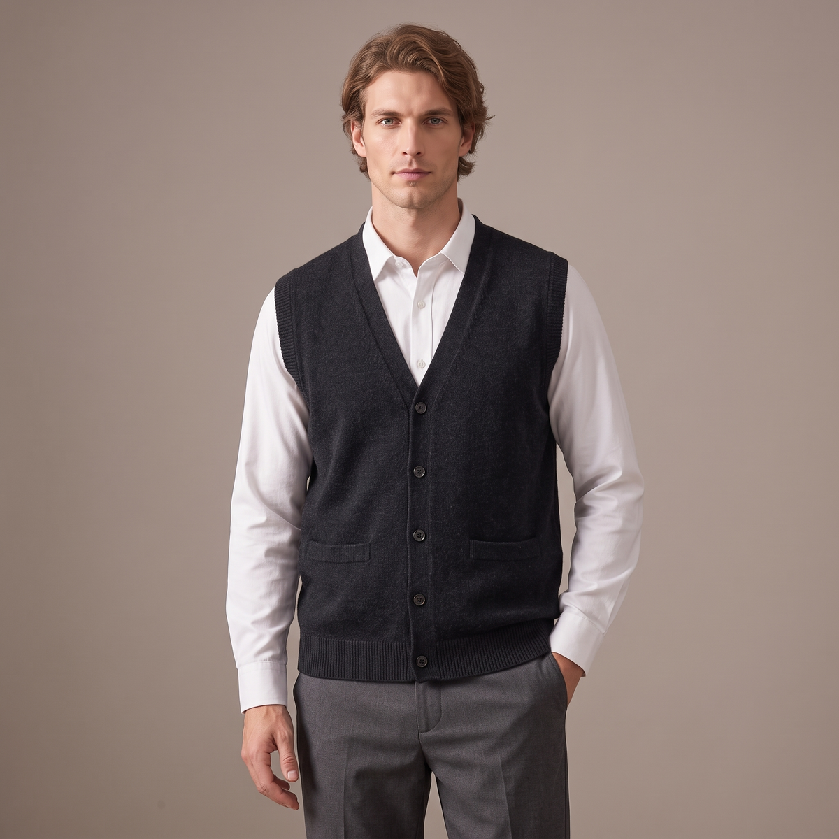 Men's button-front wool knitted vest in charcoal