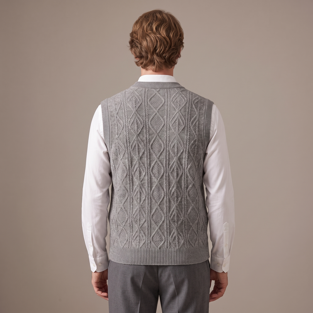 Back view of the thickened knitted vest in grey