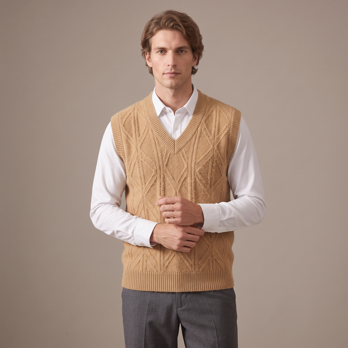 Men's thickened knitted sleeveless vest in camel
