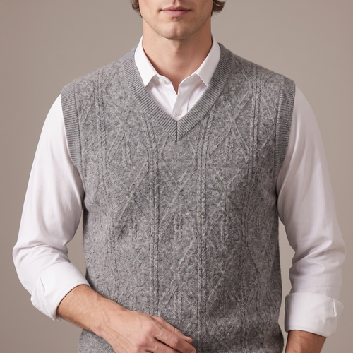 Close-up of the ribbed V neckline and thick knit, in grey