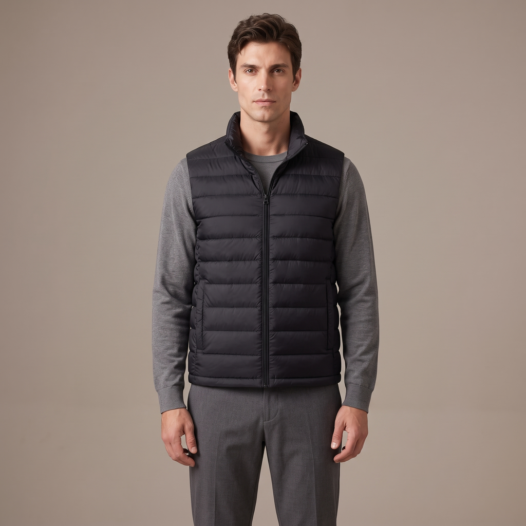 Men's stand collar down gilet in black