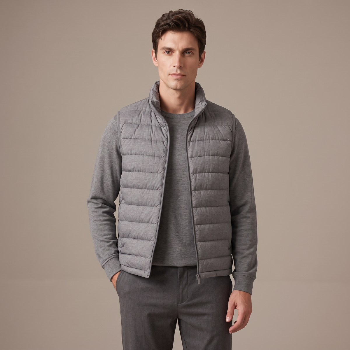 Men's stand collar down gilet in grey