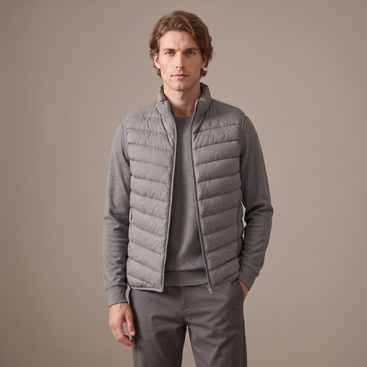 Men's duck down stand collar gilet in grey