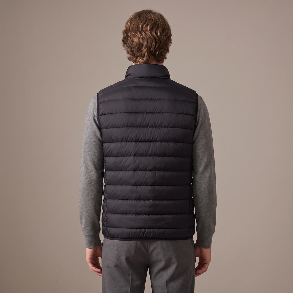 Back view of the duck down gilet in black