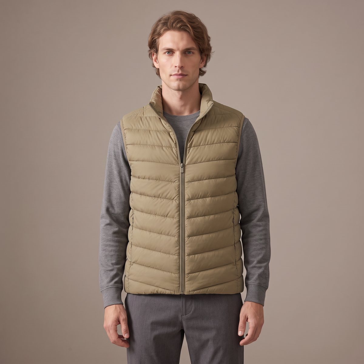 Men's duck down stand collar gilet in khaki