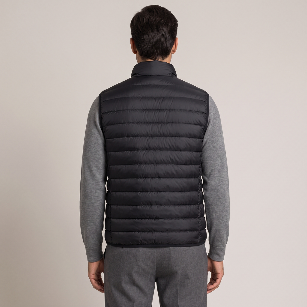 Back view of the layering down gilet in black