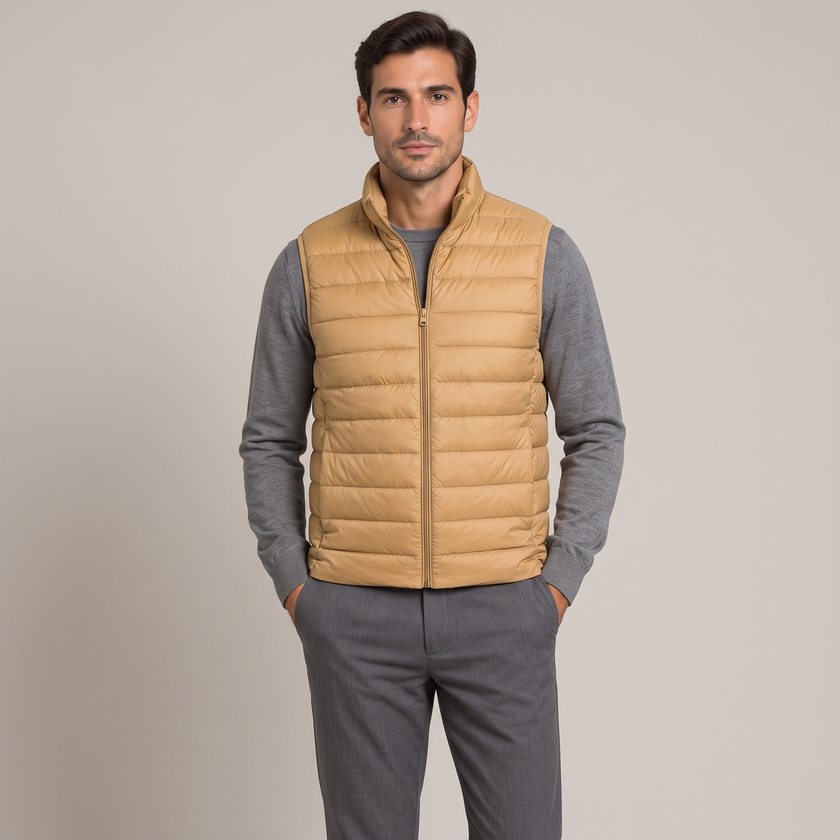 Men's slim layering down gilet in camel