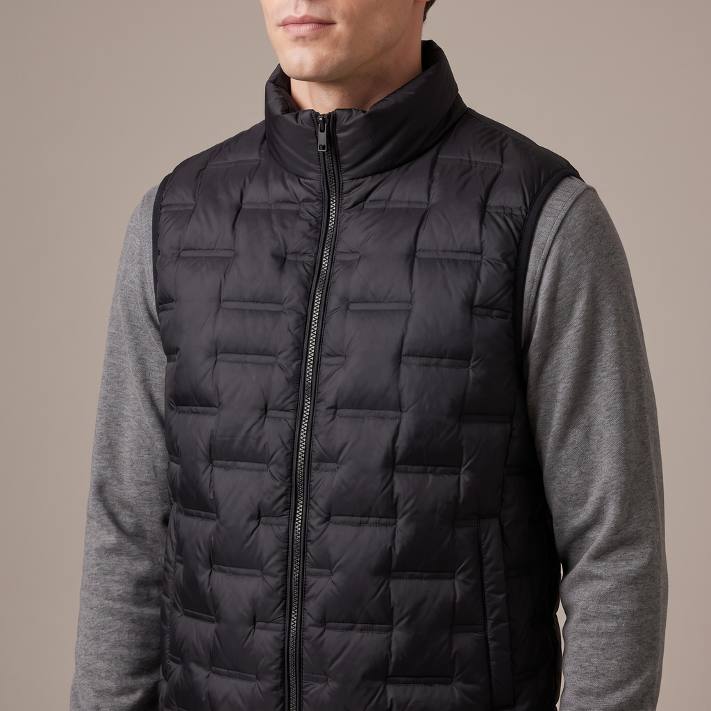 Close-up of the stand collar, zip and quilting, in black